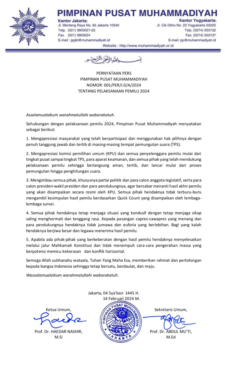 Pernyataan Pers Pimpinan Pusat Muhammadiyah Berkaitan Pemilu 2024